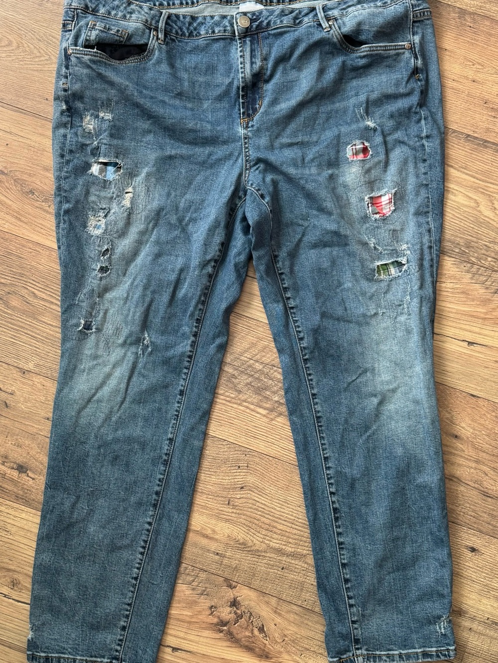 LOFT Distressed Blue Boyfriend Jeans with Plaid Patch Accents